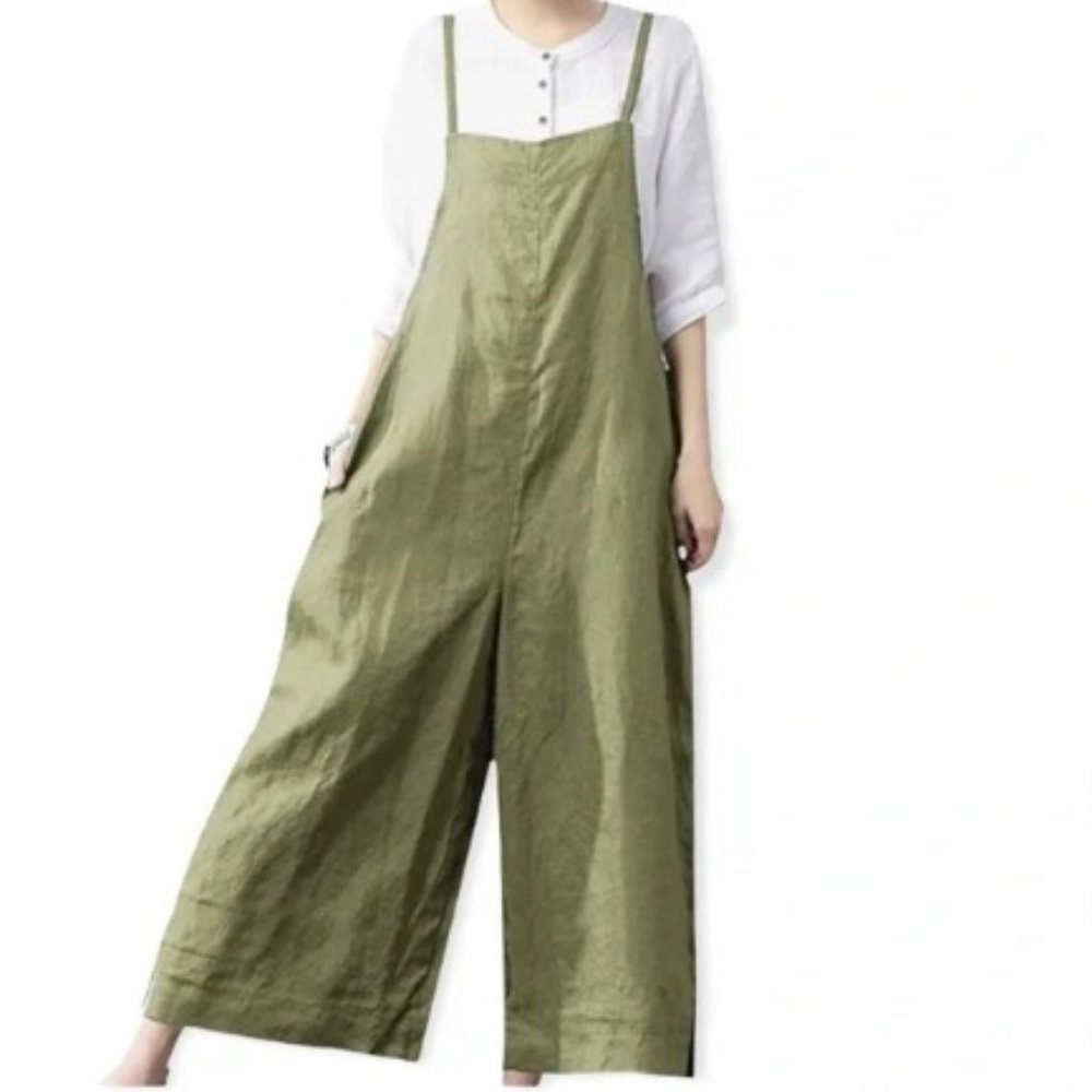 Aedvoouer Sage Green Wide Leg Linen Blend Jumpsuit Romper Overalls SZ XL / XXL